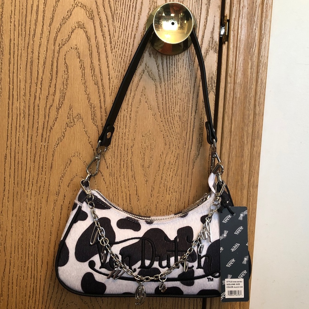 Von Dutch Black & White Cow Print Shoulder Bag & Von Dutch Logo Chain Accent NWT